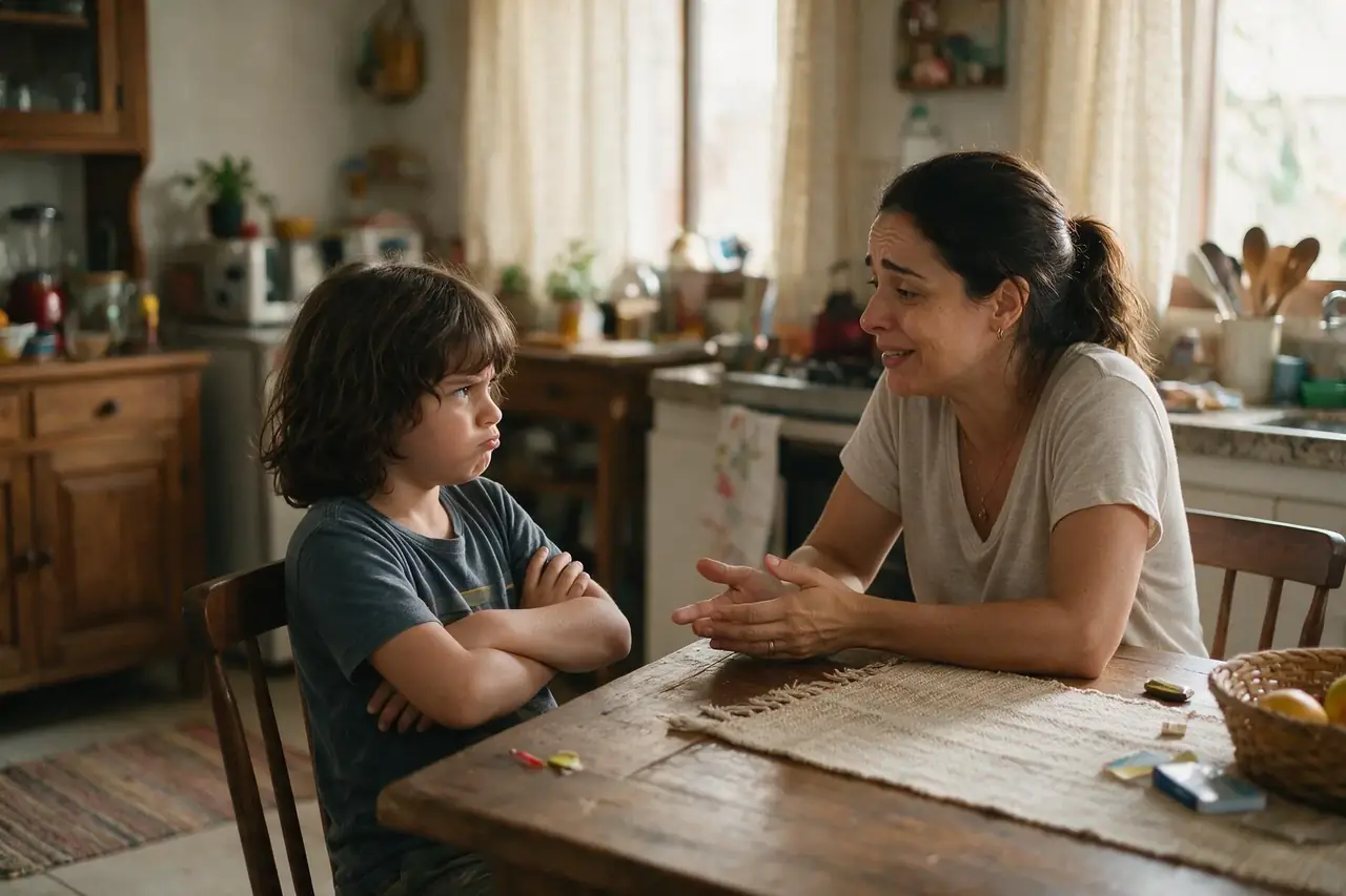 Mãe frustrada tentando conversar sobre dinheiro com o filho de braços cruzados