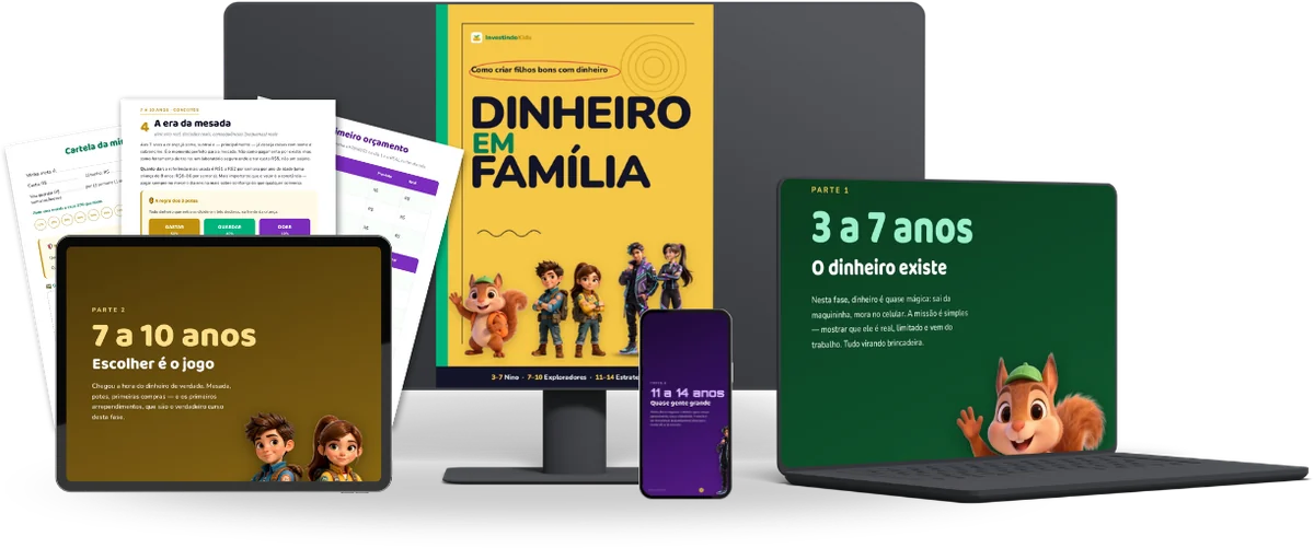 Guia Dinheiro em Família nas três fases — 3 a 7, 7 a 10 e 11 a 14 anos — com as páginas imprimíveis