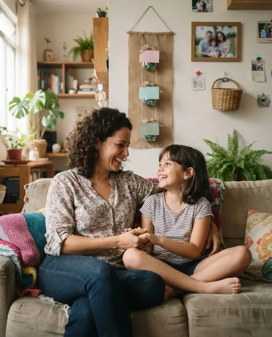 Mãe e filha sorrindo em casa, perto do quadro dos 3 potes na parede