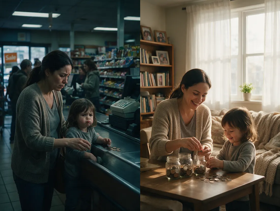 Antes e depois: mãe e filho tensos na fila do caixa, depois calmos organizando moedas em casa