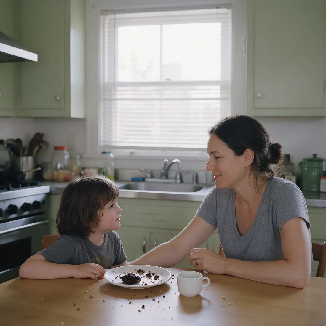 Mãe e filho em conversa calma à mesa