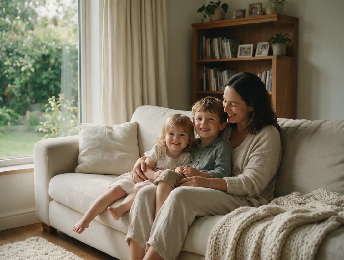 Mãe sorrindo com dois filhos de idades diferentes no sofá